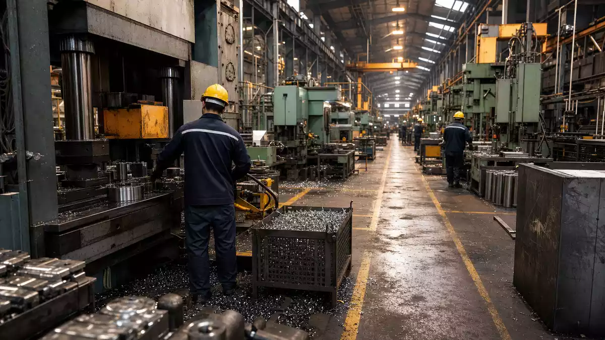 Industriehalle von Illinois Tool Works mit Pressen und Arbeitern in Schutzausrüstung