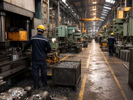 Illinois Tool Works US4523081093 Produktionsanlage mit hydraulischen Pressen und Arbeitern in gelben Schutzhelmen - Foto: THN