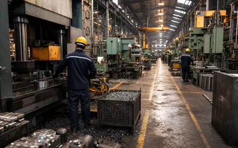 Illinois Tool Works US4523081093 Produktionsanlage mit hydraulischen Pressen und Arbeitern in gelben Schutzhelmen - Foto: THN