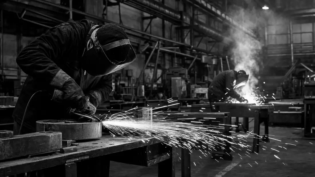 Schwarzweiß-Reportage: Schweißer mit Funkenflug in Industriehalle von Illinois Tool Works