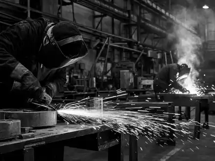 Illinois Tool Works US4523081093 Schweißer bei der Arbeit in eindrucksvoller dokumentarischer Schwarzweiß-Reportage-Fotografie - Foto: THN