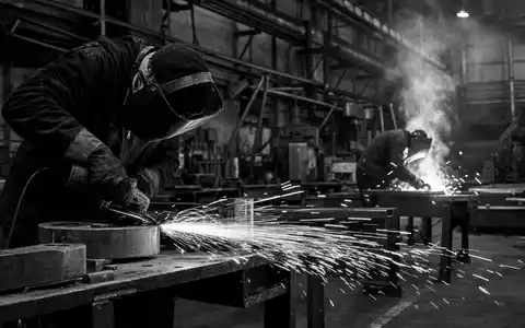 Illinois Tool Works US4523081093 Schweißer bei der Arbeit in eindrucksvoller dokumentarischer Schwarzweiß-Reportage-Fotografie - Foto: THN