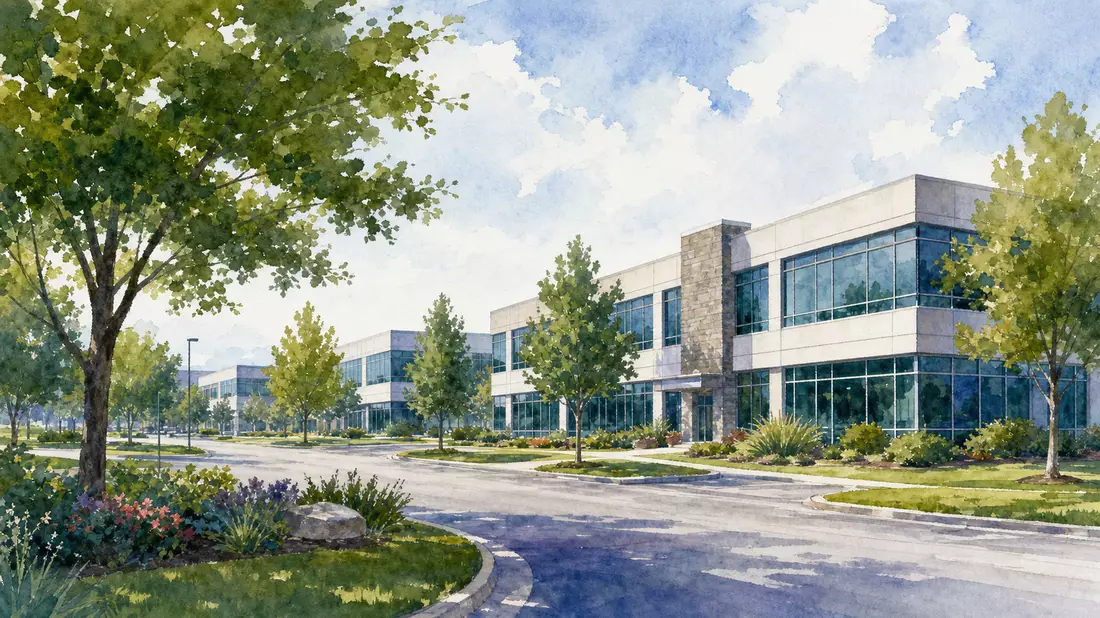 Aquarell-Illustration des Firmencampus von Illinois Tool Works mit Bäumen und Glasfassaden