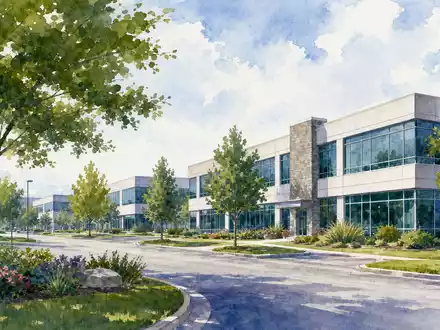 Illinois Tool Works US4523081093 Firmencampus in Aquarell-Optik mit grünen Bäumen und modernen Glasfassaden - Foto: THN