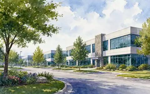 Illinois Tool Works US4523081093 Firmencampus in Aquarell-Optik mit grünen Bäumen und modernen Glasfassaden - Foto: THN