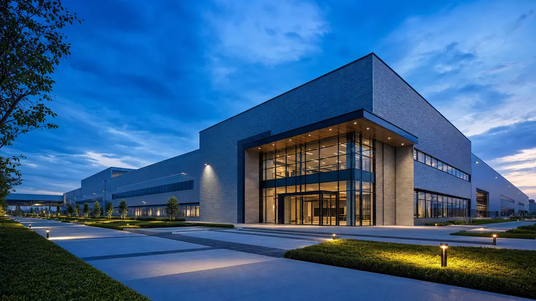 Architektur-Render eines modernen Industriegebäudes von Illinois Tool Works bei Abenddämmerung