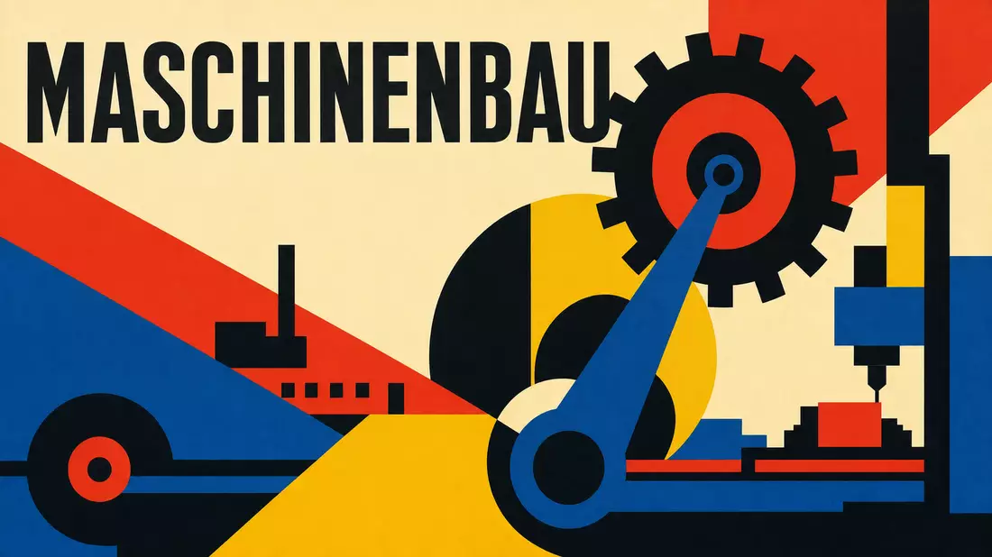 Geometrisches Bauhaus-Poster mit Zahnrädern und MASCHINENBAU-Schrift in Primärfarben