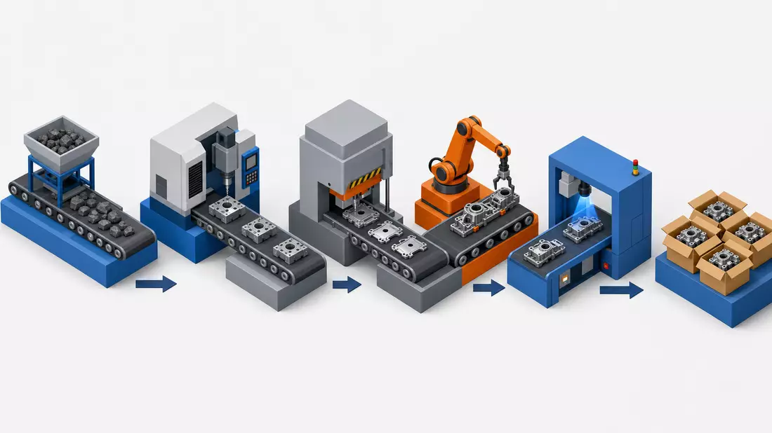 Isometrische 3D-Illustration der Maschinenbau-Wertschöpfungskette von Rohmaterial bis Fertigprodukt