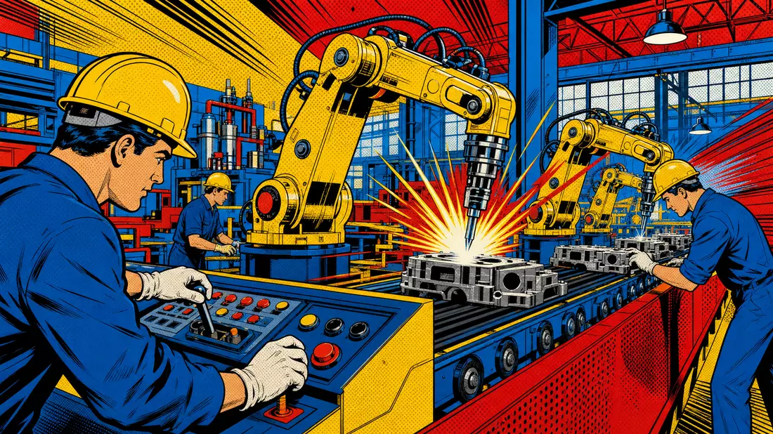 Pop-Art-Comic-Illustration mit Roboterarm, Arbeitern in Helmen und bunter Maschinenbau-Fabrikszene