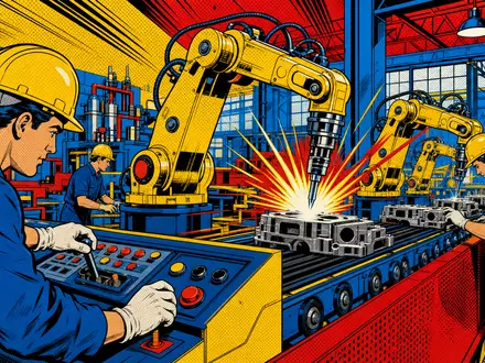 Illinois Tool Works US4523081093 Pop-Art-Comic mit Roboterarm und Arbeitern in bunter Maschinenbau-Fabrikszene - Foto: THN