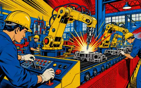 Illinois Tool Works US4523081093 Pop-Art-Comic mit Roboterarm und Arbeitern in bunter Maschinenbau-Fabrikszene - Foto: THN