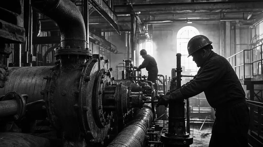 Schwarzweiß-Reportage: Industriearbeiter an Pumpsystemen von IDEX Corporation (US45167R1041)