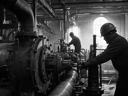 IDEX Corporation US45167R1041 dokumentiert Industriearbeiter an schweren Pumpen in einer dramatischen Schwarzweiß-Aufnahme - Foto: THN