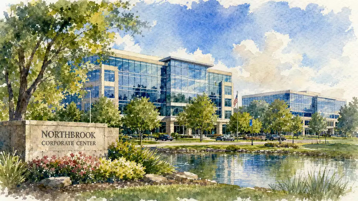 Aquarell-Illustration: Firmencampus Northbrook von IDEX Corporation (US45167R1041)