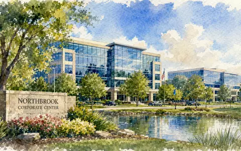 IDEX Corporation US45167R1041 – Aquarell des Firmensitzes in Northbrook mit Glasfassade und Teich - Foto: THN
