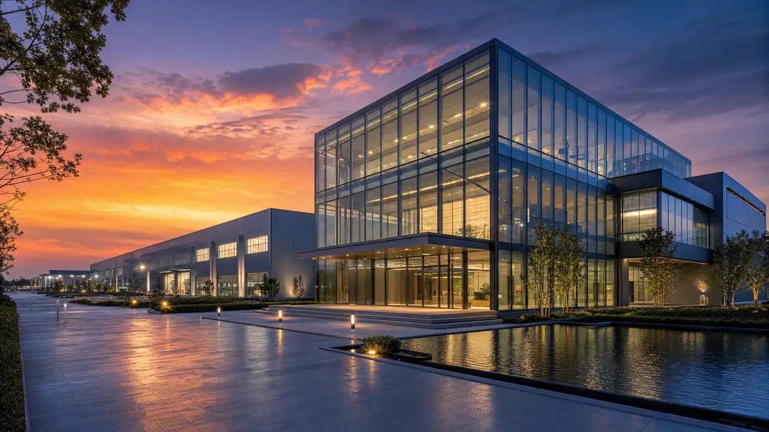 Architektur-Render: Moderner Industriecampus von IDEX Corporation bei Sonnenuntergang (US45167R1041)