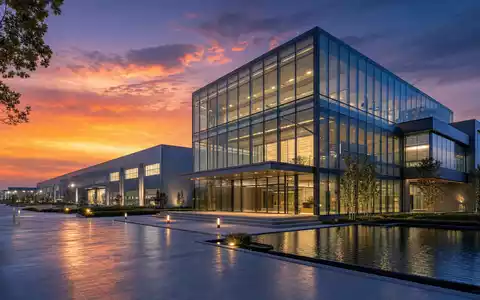IDEX Corporation US45167R1041 zeigt den modernen Industriecampus im Architektur-Render bei atmosphärischer Abenddämmerung - Foto: THN