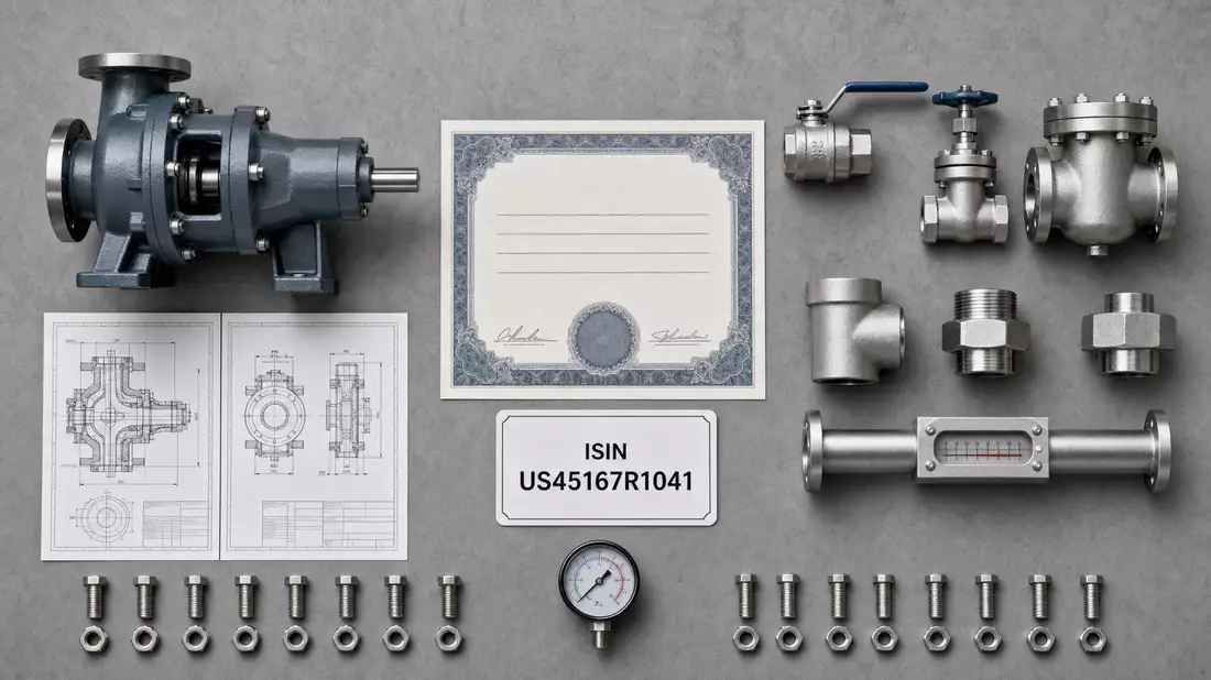 Flatlay: Pumpenteile, Aktienzertifikat und ISIN-Karte US45167R1041 von IDEX Corporation