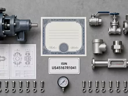 IDEX Corporation US45167R1041 – Flatlay mit Aktienzertifikat, ISIN-Karte und Pumpenkomponenten aus Edelstahl - Foto: THN