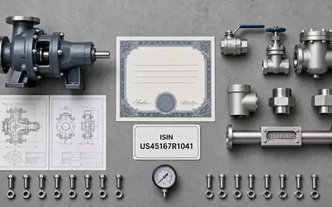 IDEX Corporation US45167R1041 – Flatlay mit Aktienzertifikat, ISIN-Karte und Pumpenkomponenten aus Edelstahl - Foto: THN