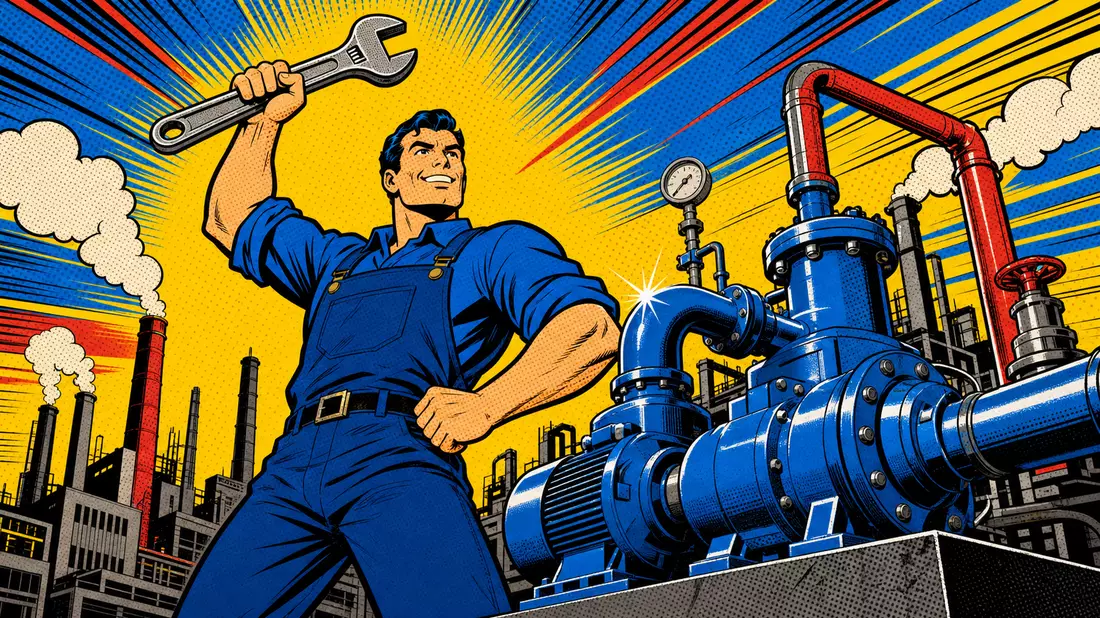 Pop-Art-Comic: Ingenieur-Held mit Schraubenschlüssel und Pumpenanlage, IDEX Corporation (US45167R1041)