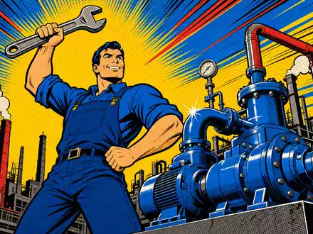 IDEX Corporation US45167R1041 – Pop-Art-Comic mit Ingenieur-Held und Pumpenanlage im farbigen Maschinenbau-Universum - Foto: THN