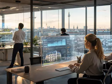 Hypoport SE (DE0005493365) Finanztechnologie-Team analysiert digitale Immobilienfinanzierung auf transparenten Bildschirmen im modernen Berliner Büro - Foto: THN