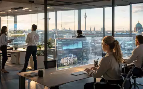 Hypoport SE (DE0005493365) Finanztechnologie-Team analysiert digitale Immobilienfinanzierung auf transparenten Bildschirmen im modernen Berliner Büro - Foto: THN