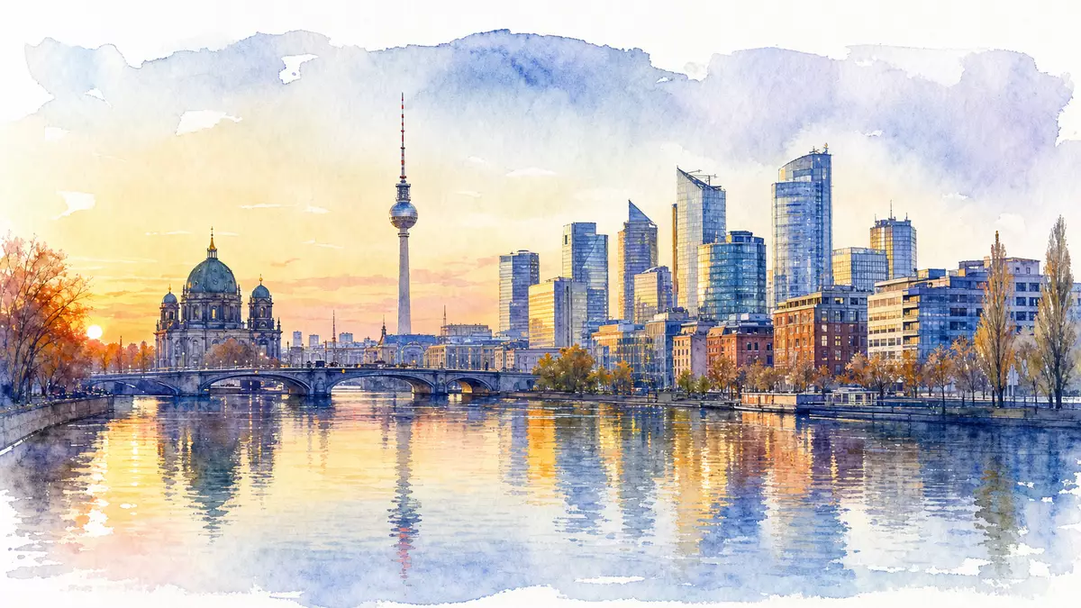 Hypoport SE Aquarell Berlin Skyline: Spree, Fernsehturm und Finanzhochhäuser im Abendlicht