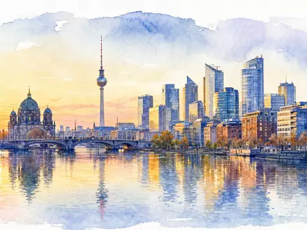 Hypoport SE (DE0005493365) Aquarell-Panorama der Berliner Skyline mit Fernsehturm und Finanzviertel im warmen Sonnenuntergangs-Licht - Foto: THN