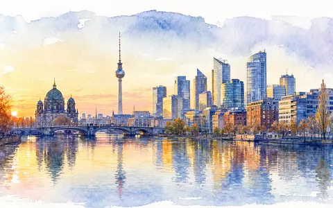 Hypoport SE (DE0005493365) Aquarell-Panorama der Berliner Skyline mit Fernsehturm und Finanzviertel im warmen Sonnenuntergangs-Licht - Foto: THN