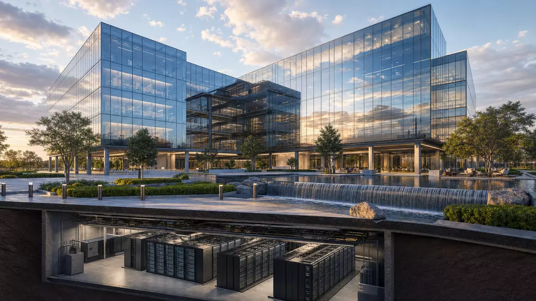 Hypoport SE Architektur-Render: Gläsernes Fintech-Hauptquartier mit Rechenzentrum und Wasseranlage