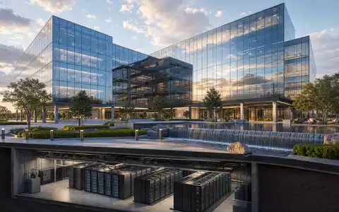 Hypoport SE (DE0005493365) modernes Glas-Hauptquartier für Finanztechnologie mit unterirdischem Rechenzentrum im CGI-Architekturrender - Foto: THN