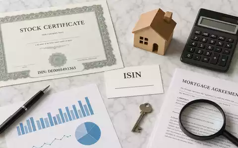 Hypoport SE (DE0005493365) Flatlay mit Aktienzertifikat, ISIN-Karte, Hausmodell, Taschenrechner und Hypothekenvertrag auf Marmor - Foto: THN