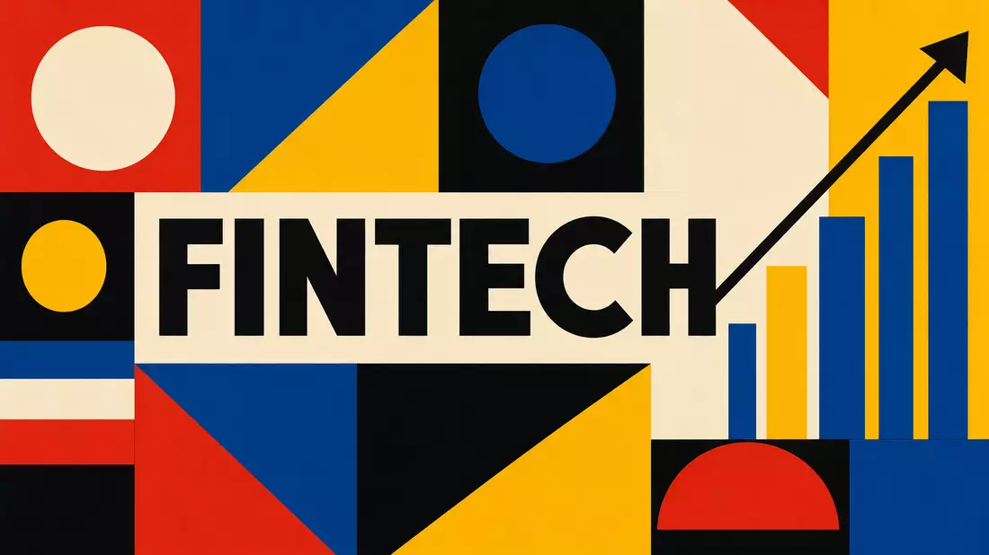 Hypoport SE Bauhaus-Poster: Geometrische Formen, FINTECH-Schriftzug, Primärfarben Rot Blau Gelb