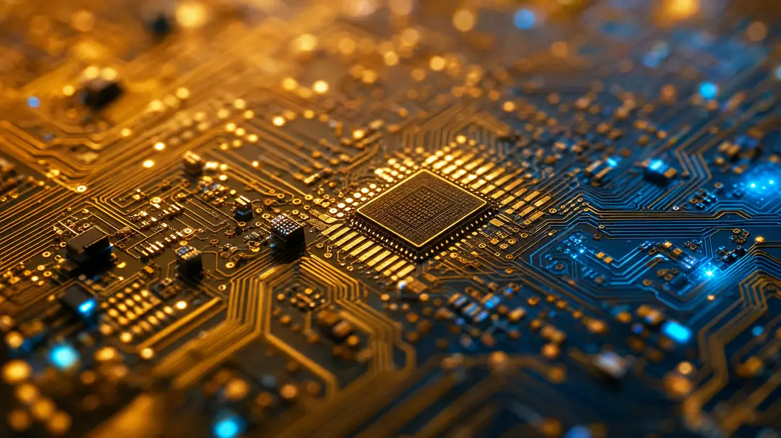 Hypoport SE Makro: Goldene Leiterplatten-Schaltkreise mit Mikroprozessor als Fintech-Symbol