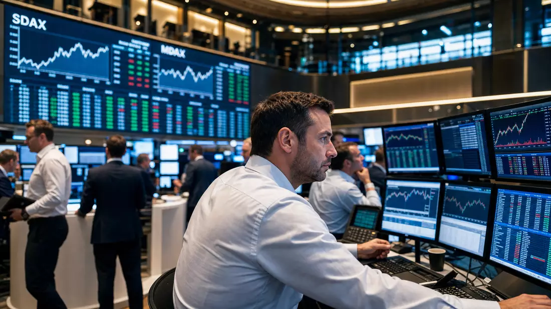 Hypoport SE Börsen-Editorial: Frankfurter Börse Handelsparkett mit SDAX MDAX Charts und Händlern