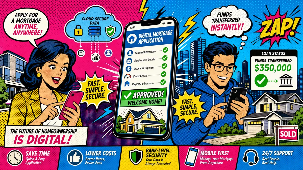 Hypoport SE Pop-Art: Comicfiguren beantragen digitale Hypothek per Smartphone in grellen Farben