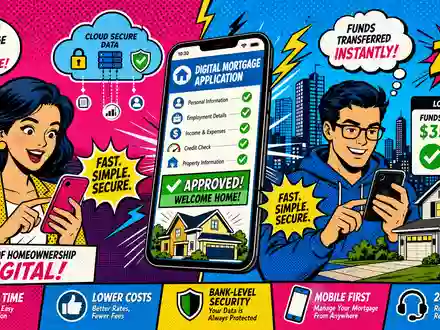 Hypoport SE (DE0005493365) Pop-Art-Comic zeigt stilisierte Figuren mit Smartphones bei digitaler Hypothekenbeantragung in bunten Halbton-Farben - Foto: THN
