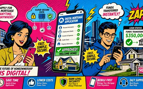 Hypoport SE (DE0005493365) Pop-Art-Comic zeigt stilisierte Figuren mit Smartphones bei digitaler Hypothekenbeantragung in bunten Halbton-Farben - Foto: THN