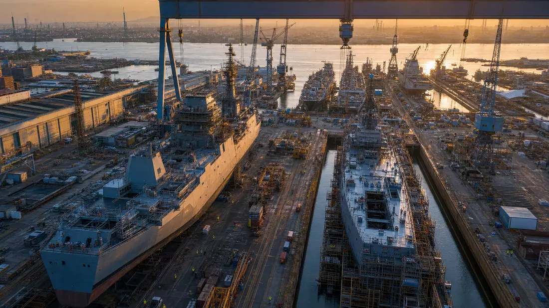 Luftaufnahme einer großen Marinewerft mit Trockendocks und Kriegsschiffen im Bau