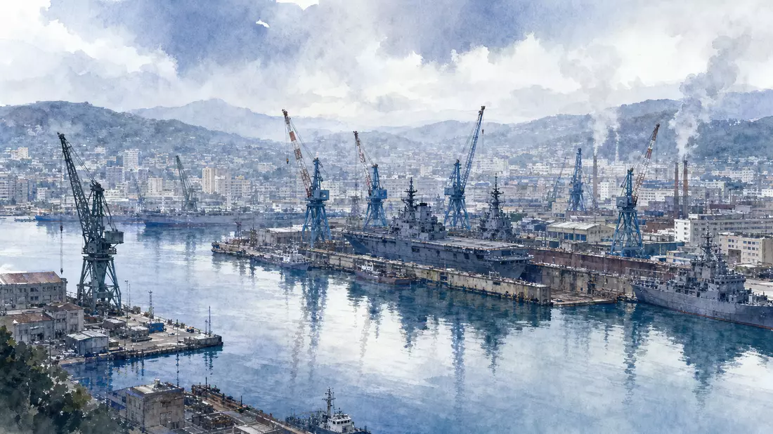 Aquarell-Panorama einer Küstenstadt mit Marinewerft, Kränen und Schiffen am ruhigen Hafenwasser