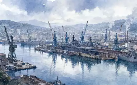 Huntington Ingalls zeigt eine Hafenstadt mit Marinewerft und Kränen in impressionistischer Aquarell Malerei US4464131063 - Foto: THN