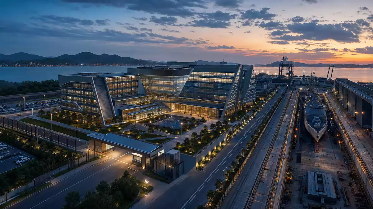 Architekturvisualisierung: Modernes Rüstungsunternehmen-Campus neben Marinewerft bei Abenddämmerung