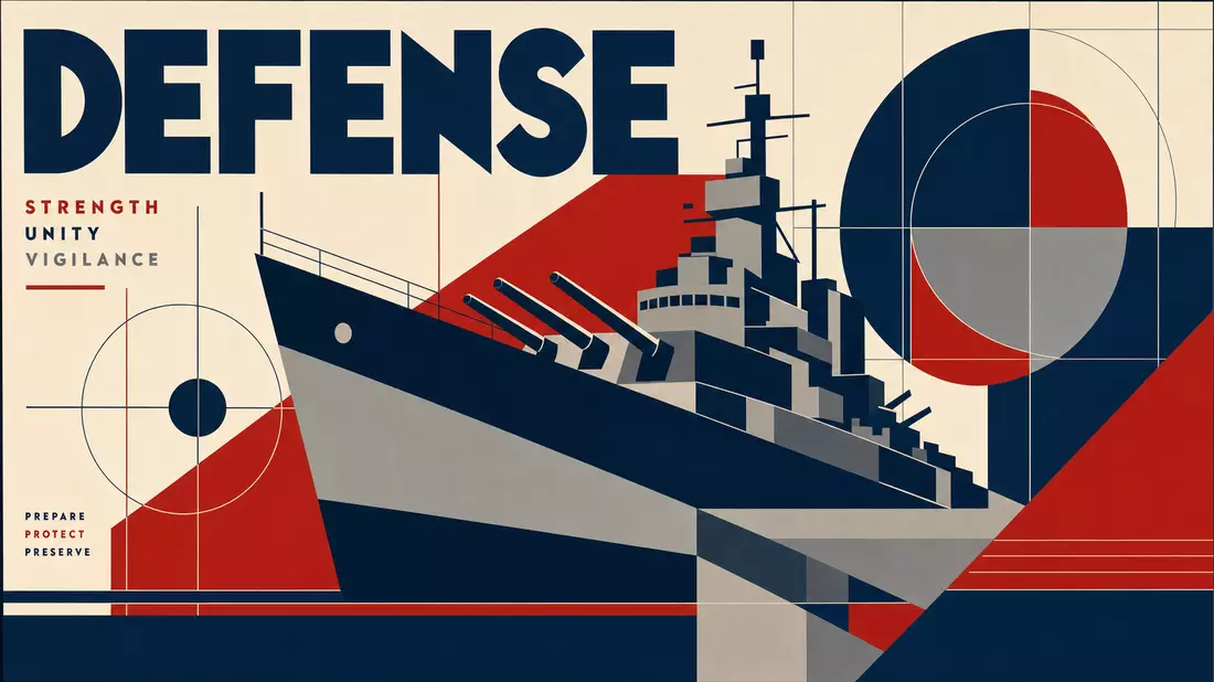 Bauhaus-Poster: Geometrische Formen, Schiffssilhouette und großer DEFENSE-Text in Marineblau und Rot