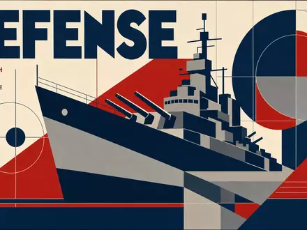 Huntington Ingalls Rüstungssektor als geometrisches Bauhaus Poster mit DEFENSE Text und Schiffssilhouette US4464131063 - Foto: THN