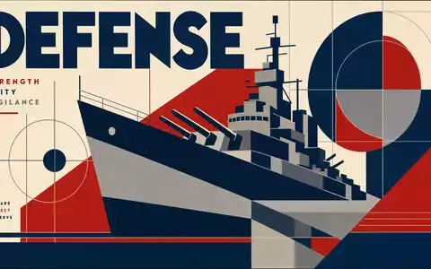Huntington Ingalls Rüstungssektor als geometrisches Bauhaus Poster mit DEFENSE Text und Schiffssilhouette US4464131063 - Foto: THN