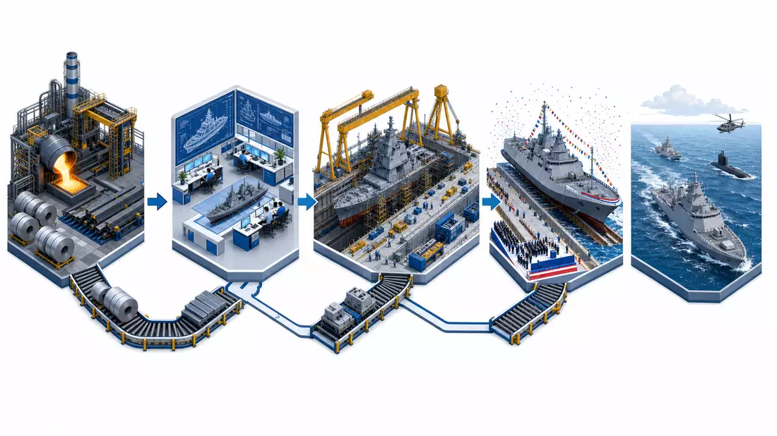 Isometrisches 3D-Diagramm der Schiffbau-Prozesskette von Stahlwerk über Werft bis zur Flotte