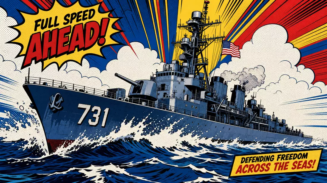 Pop-Art-Comic: Dramatisches Kriegsschiff auf Hoher See in knalligen Primärfarben mit Aktionslinien