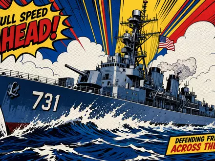 Huntington Ingalls Kriegsschiff als farbiger Pop Art Comic in Primärfarben auf hoher See US4464131063 - Foto: THN